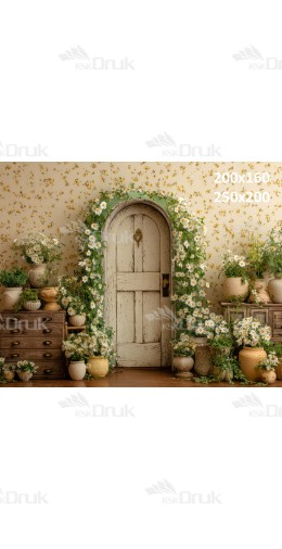 Tło fotograficzne „Rustykalne drzwi wśród rumianków i donic” | E862